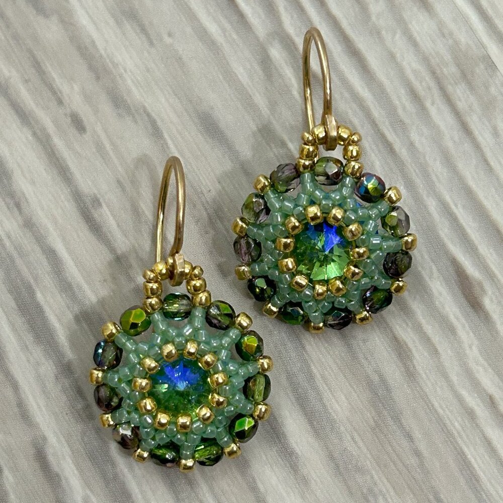 Crystals and Seed Beaded Earrings, 14kt Gold Filled Wires, Handmade Earrings